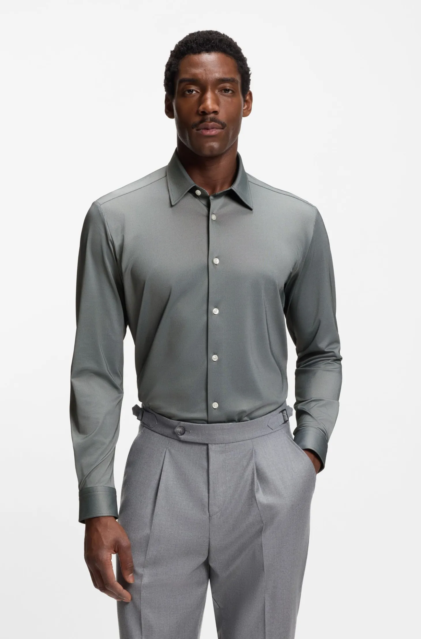 Regular-fit shirt in performance-stretch Oxford jersey