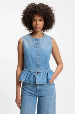Regular-fit sleeveless blouse in denim with peplum hem