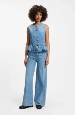 Regular-fit sleeveless blouse in denim with peplum hem