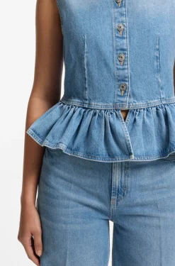 Regular-fit sleeveless blouse in denim with peplum hem