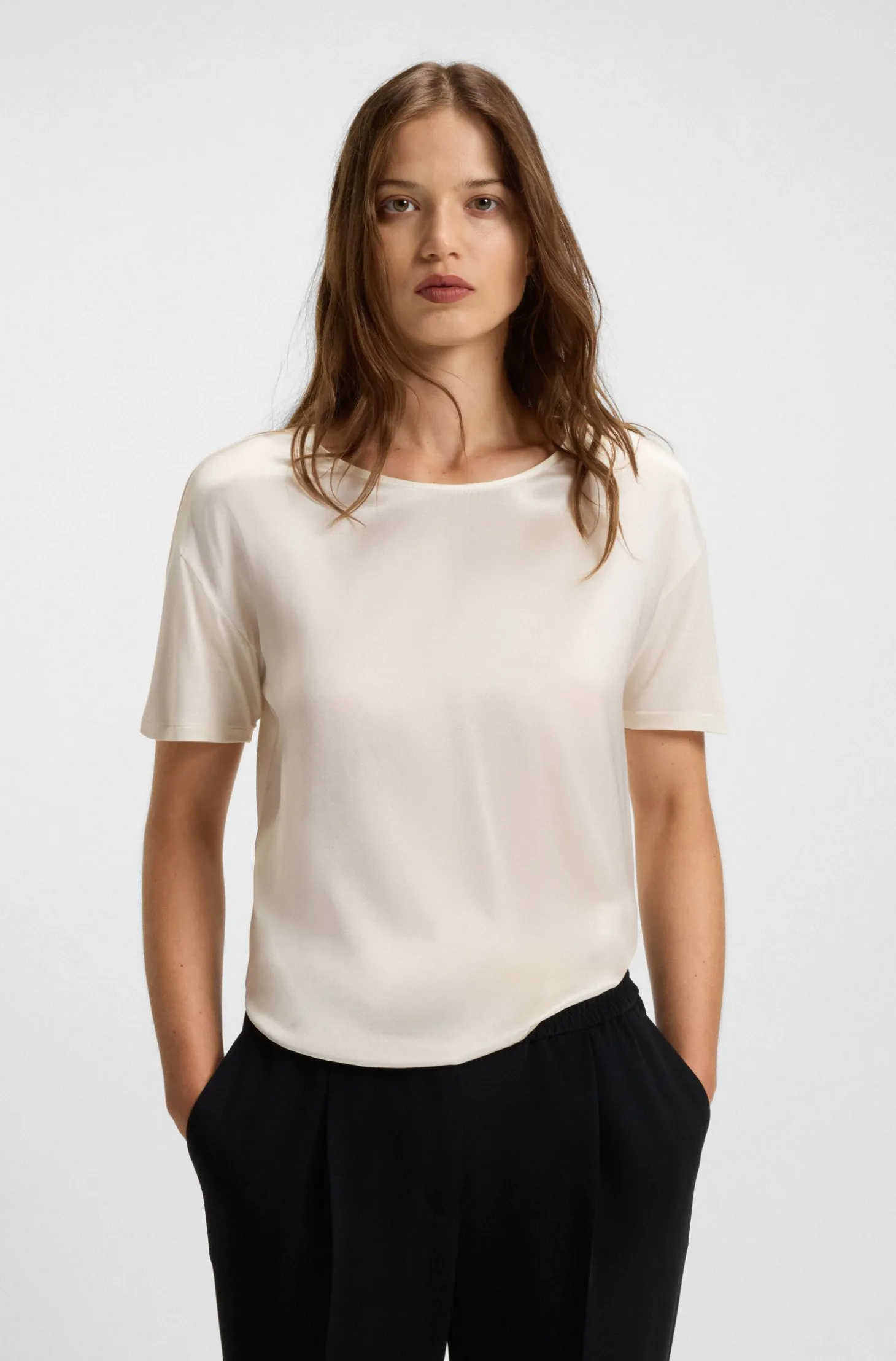 Regular-fit T-shirt with stretch-silk front
