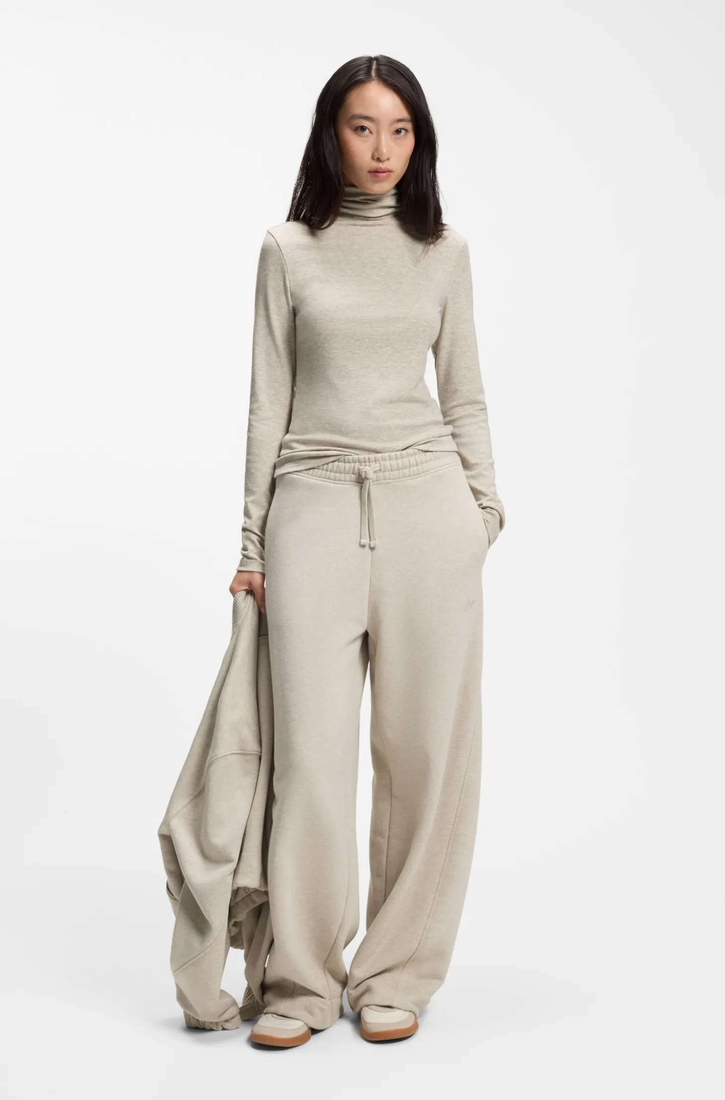Relaxed-fit barrel-leg trousers in melange jersey