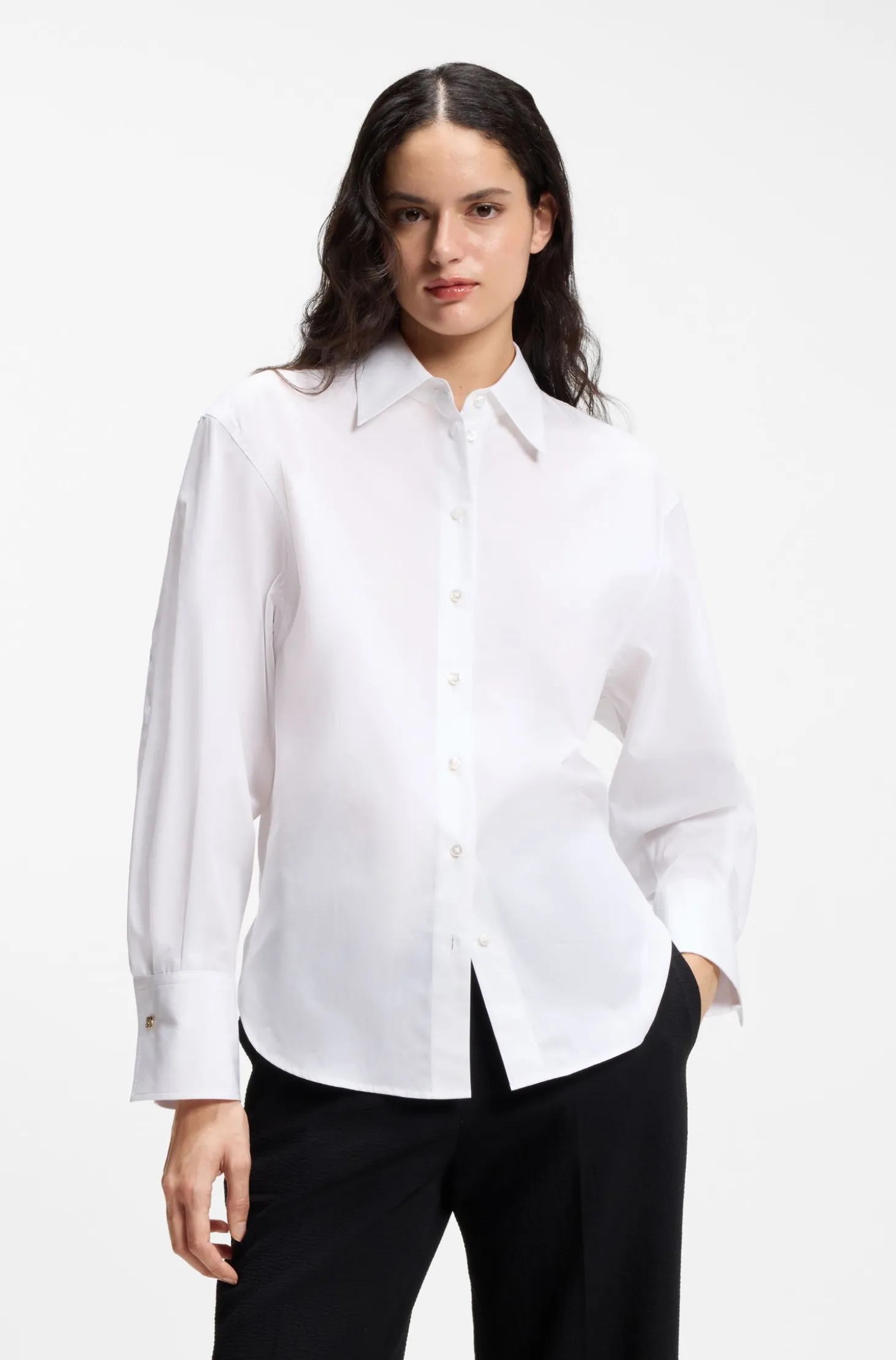 Relaxed-fit cotton blouse with stacked-logo cuff buttons