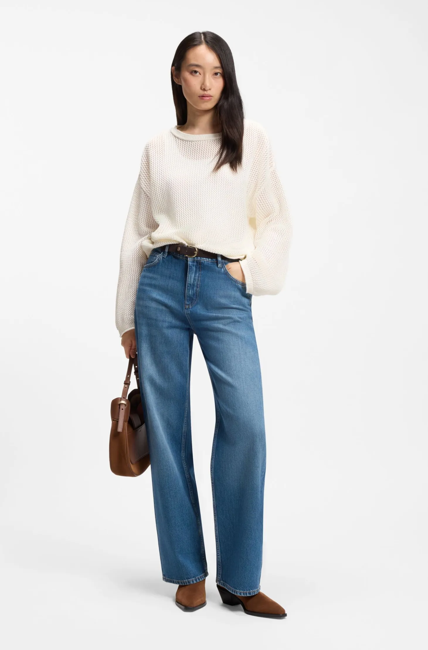 Relaxed-fit cotton sweater with mesh structure