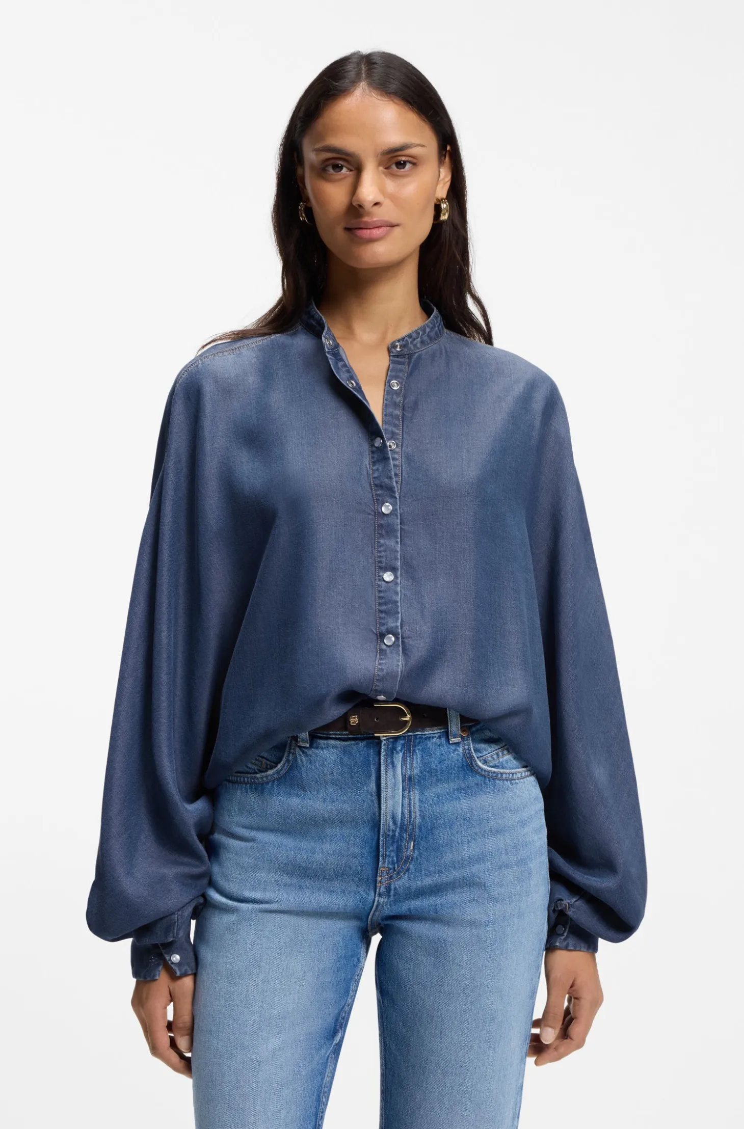 Relaxed-fit denim-look blouse with kimono sleeves