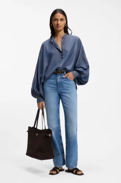 Relaxed-fit denim-look blouse with kimono sleeves