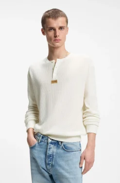 Relaxed-fit Henley sweater in waffle cotton