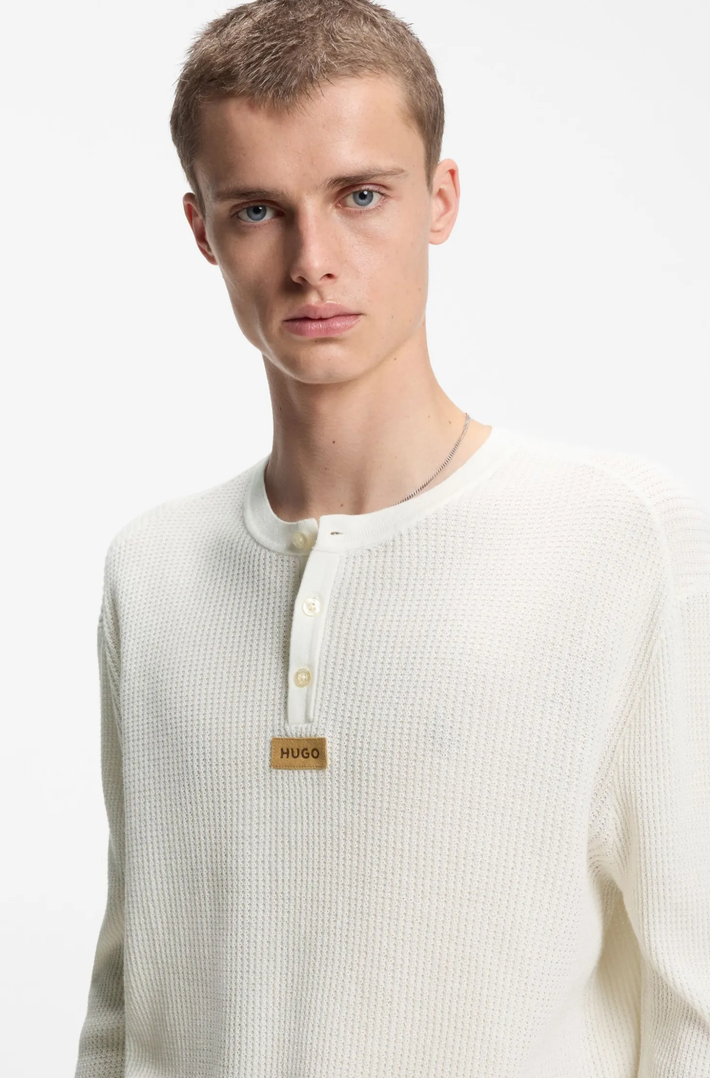 Relaxed-fit Henley sweater in waffle cotton