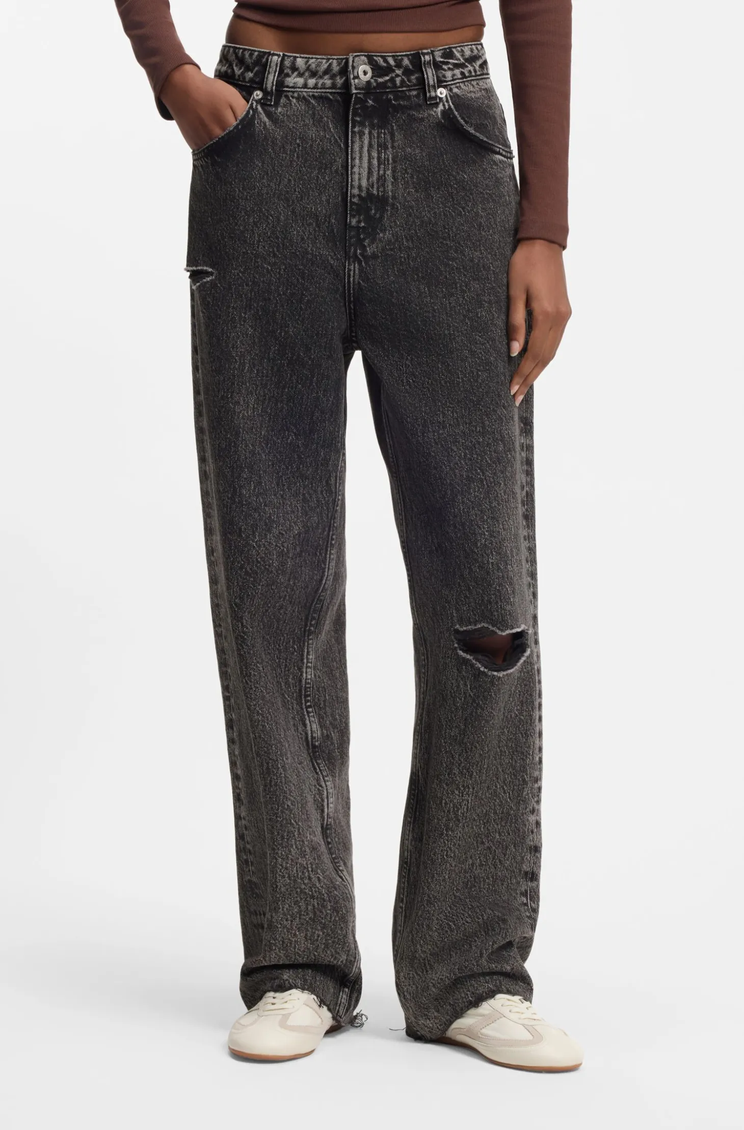 Relaxed-fit jeans in distressed black rigid denim