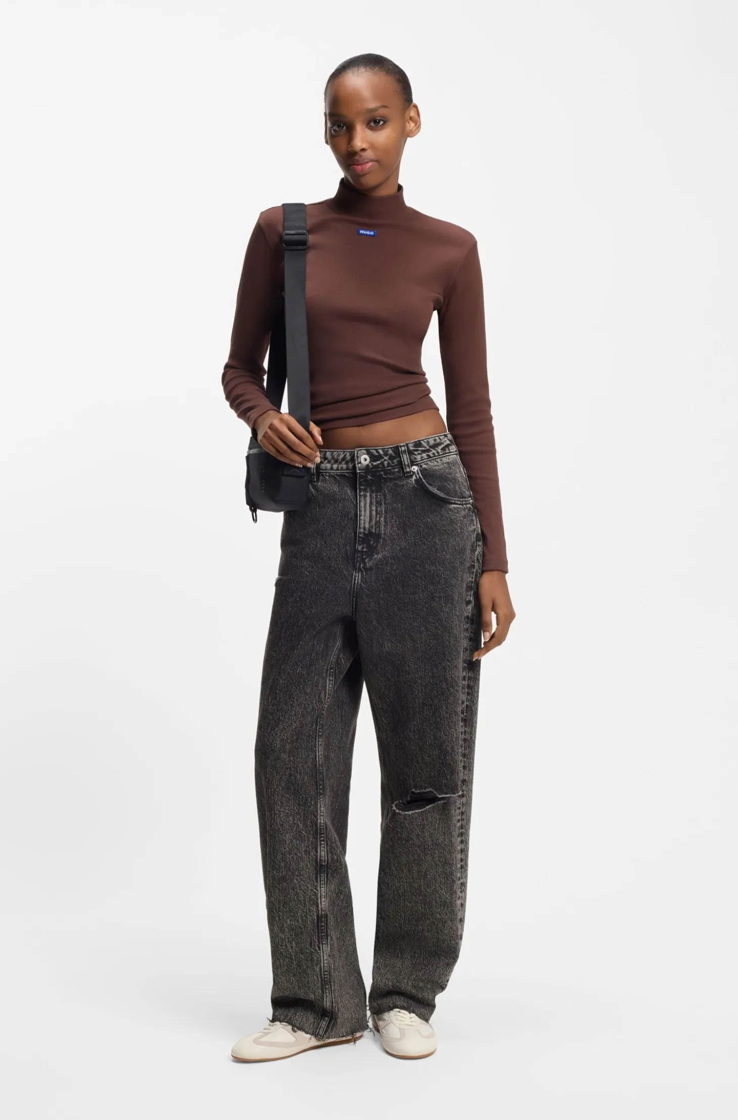 Relaxed-fit jeans in distressed black rigid denim