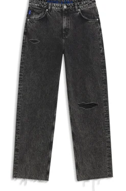 Relaxed-fit jeans in distressed black rigid denim