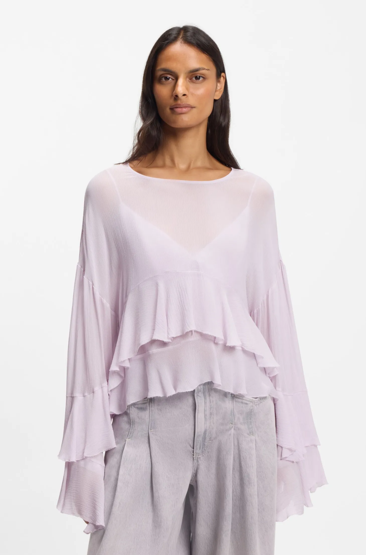 Relaxed-fit ruffled blouse in crepe Georgette seersucker