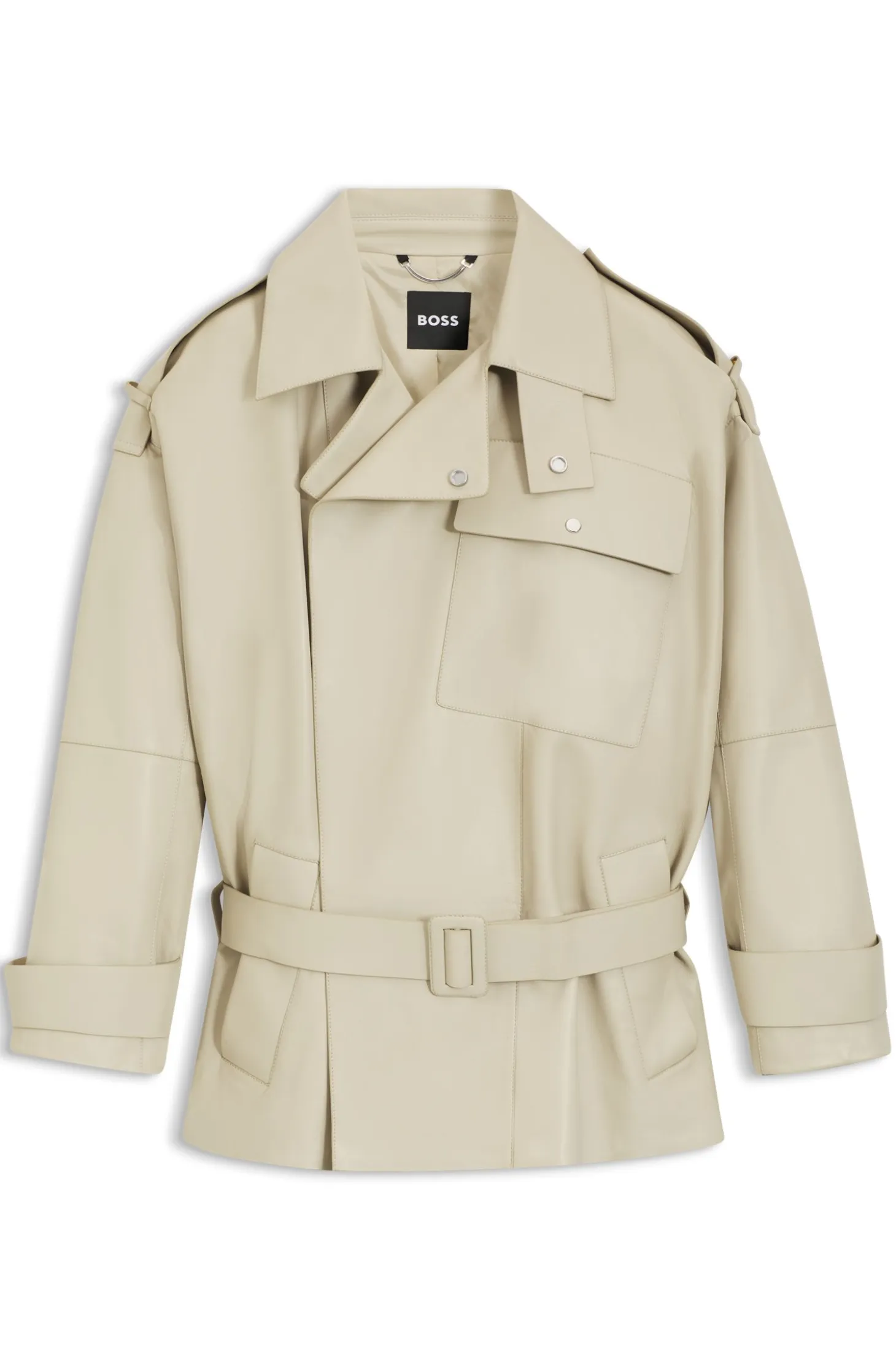 Relaxed-fit short-length trench coat in leather