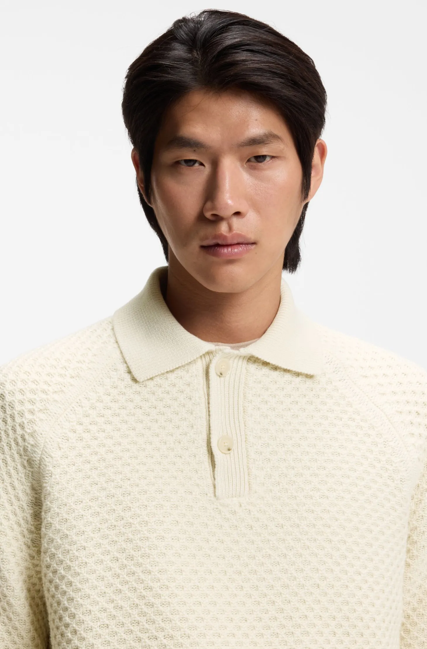 Relaxed-fit sweater in structured cashmere with polo collar