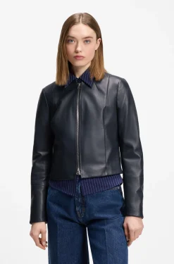 Relaxed slim-fit leather jacket with stand collar