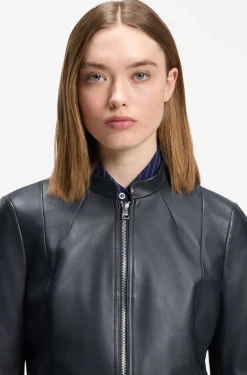 Relaxed slim-fit leather jacket with stand collar