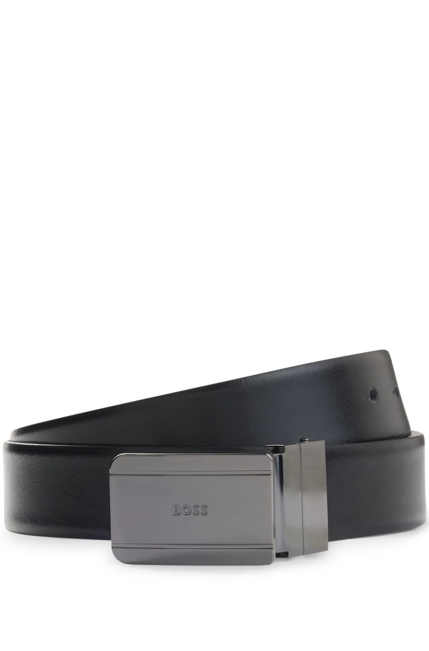 Reversible leather belt with pin and plaque buckles