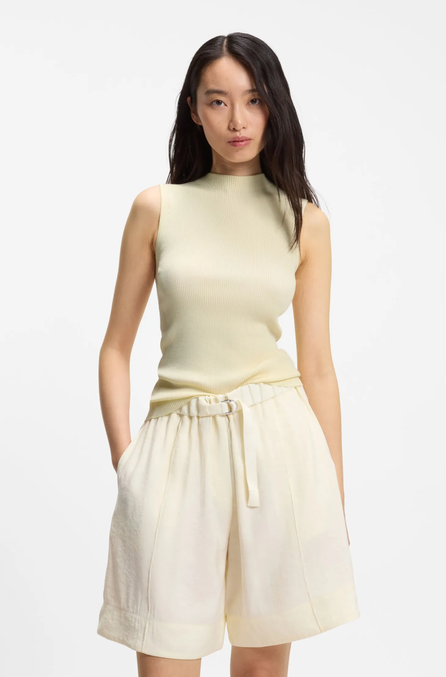 Ribbed-knit top with mock neckline