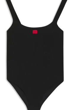 Ribbed swimsuit with red logo label