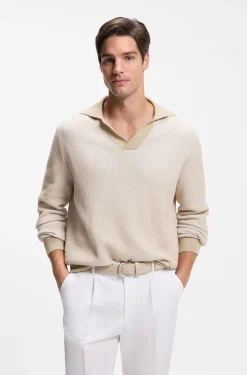 Rib-knit cotton-blend sweater with Johnny collar
