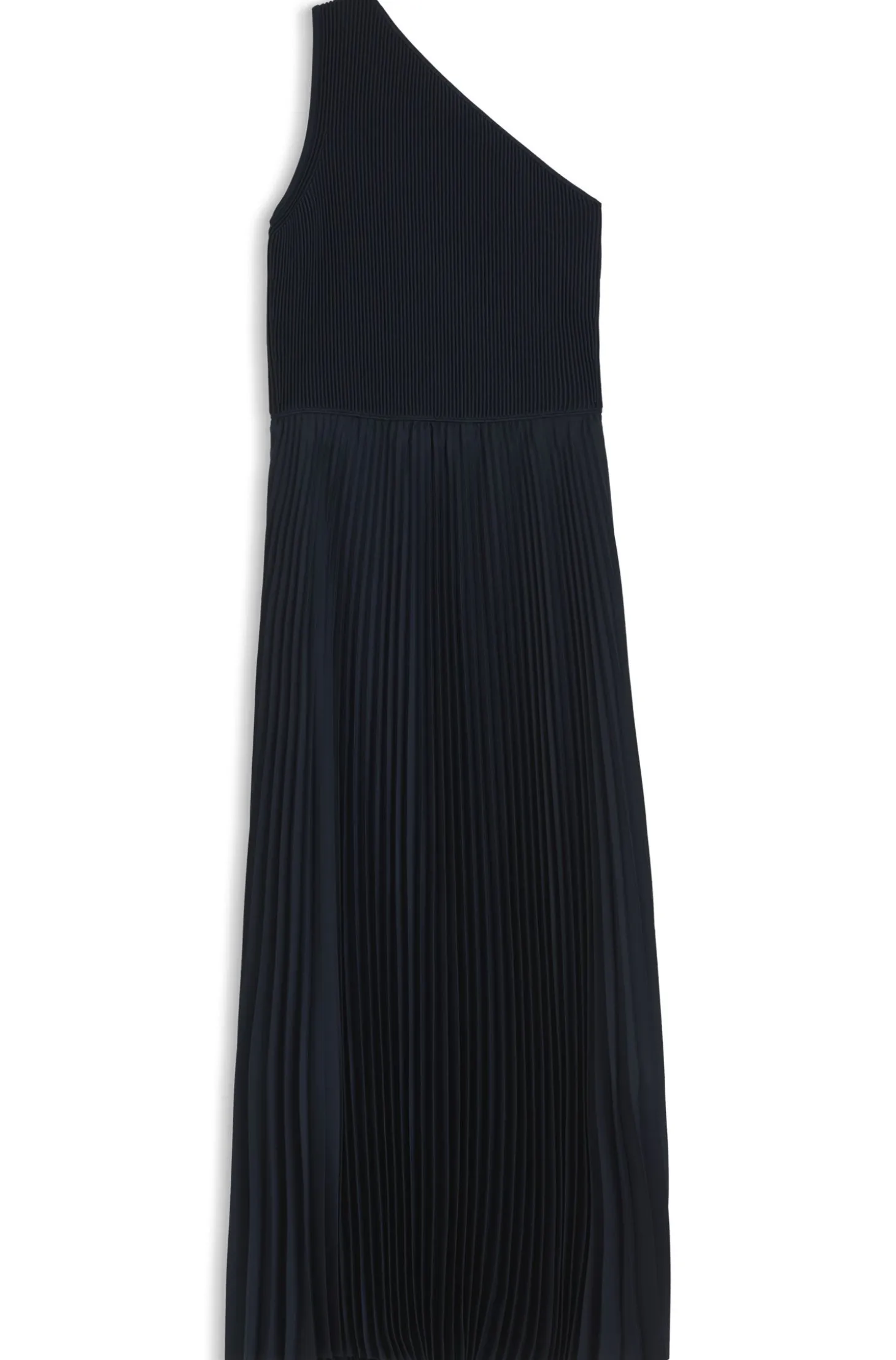 Rib-knit one-shoulder dress with plissé skirt