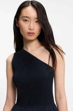 Rib-knit one-shoulder dress with plissé skirt