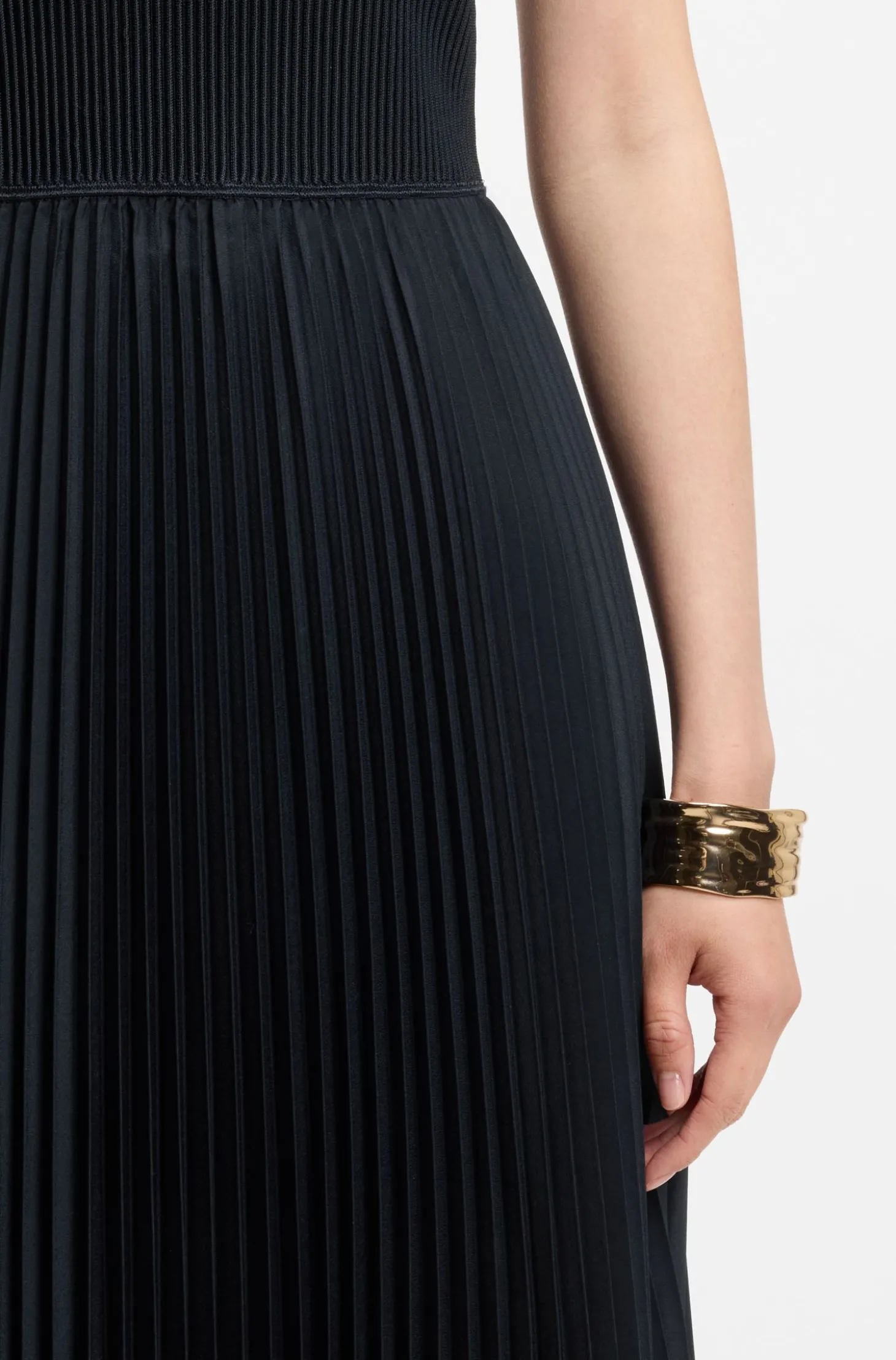 Rib-knit one-shoulder dress with plissé skirt