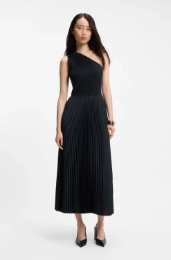 Rib-knit one-shoulder dress with plissé skirt