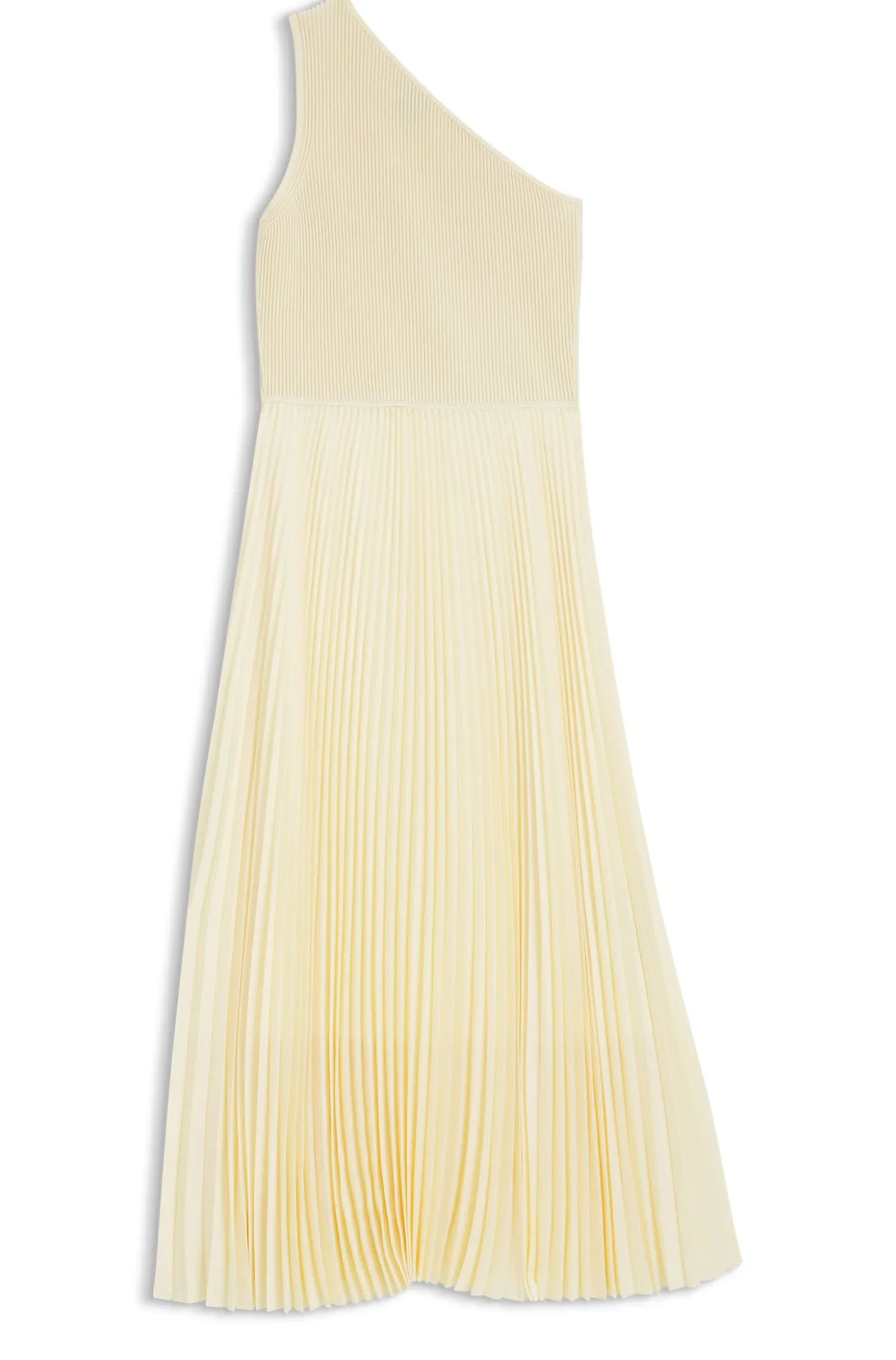 Rib-knit one-shoulder dress with plissé skirt