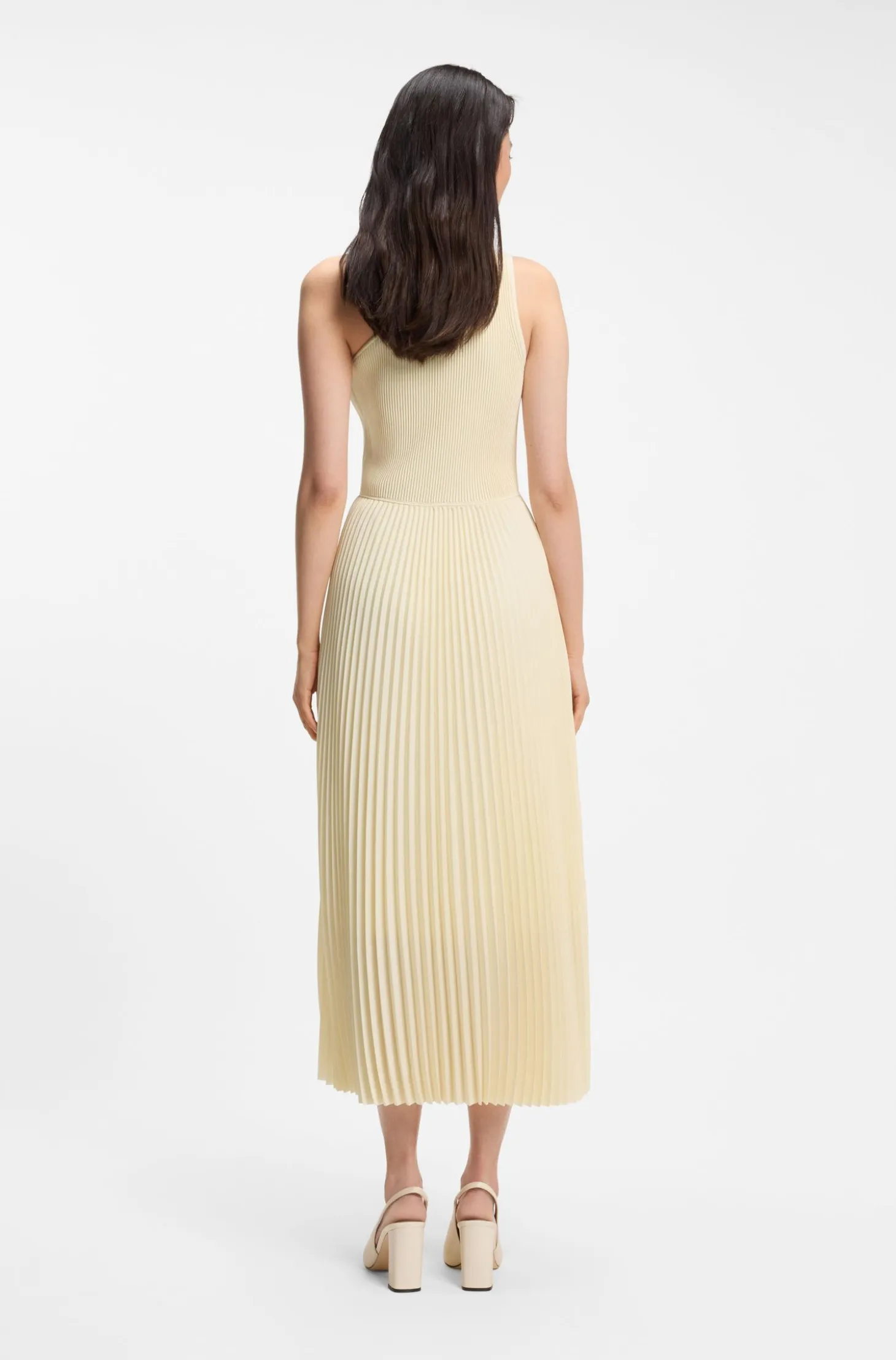 Rib-knit one-shoulder dress with plissé skirt