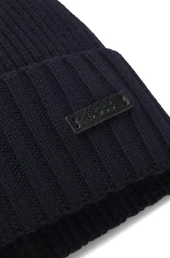 Rib-knit virgin-wool beanie with logo plaque