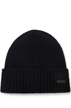 Rib-knit virgin-wool beanie with logo plaque