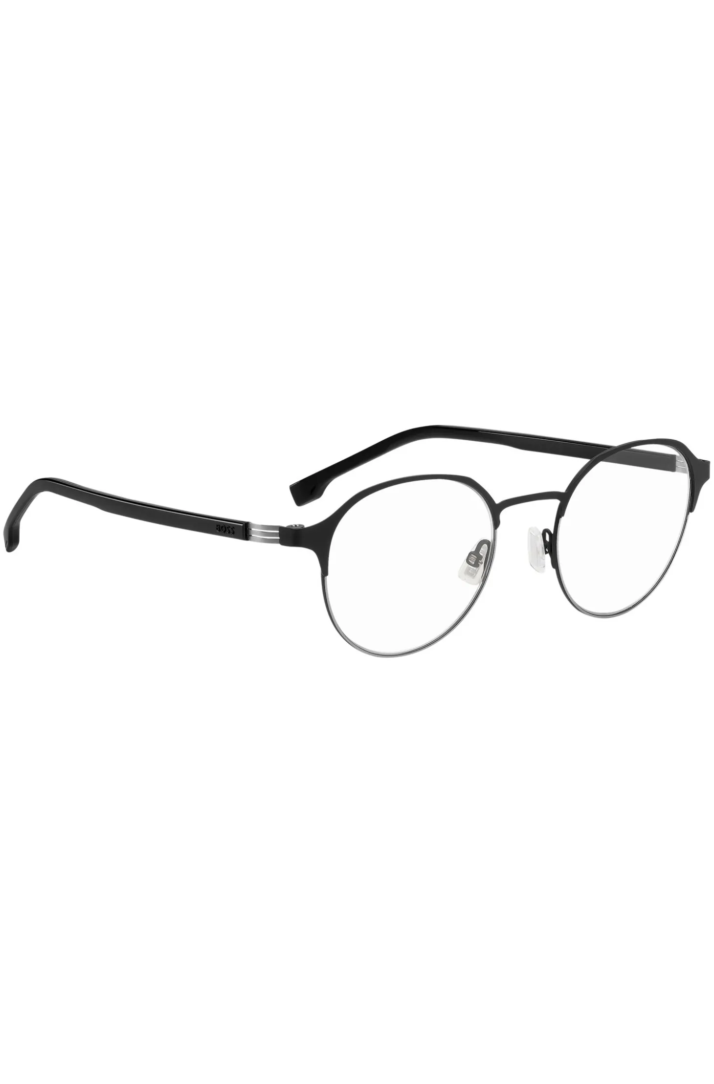 Round optical frames in black steel with striped hinge