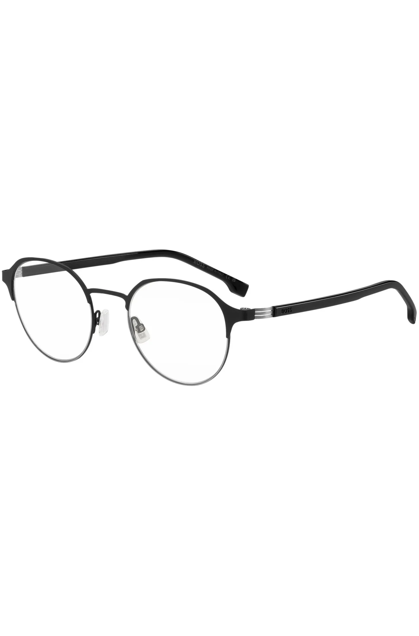 Round optical frames in black steel with striped hinge