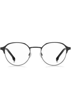 Round optical frames in black steel with striped hinge
