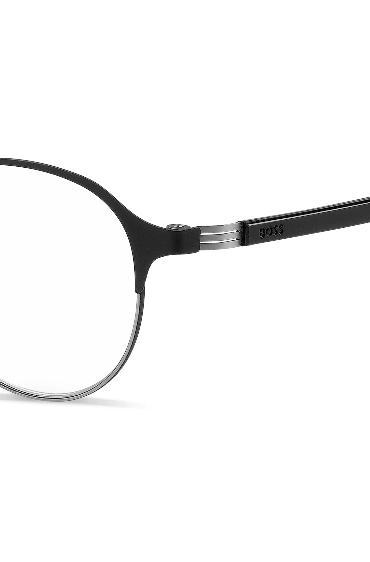 Round optical frames in black steel with striped hinge