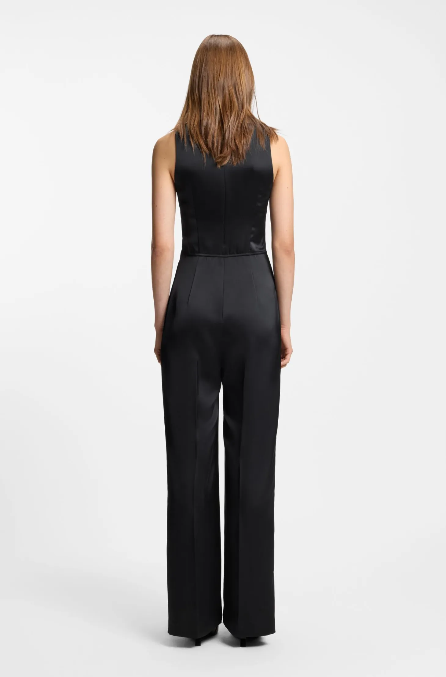 Satin jumpsuit with waterfall neckline