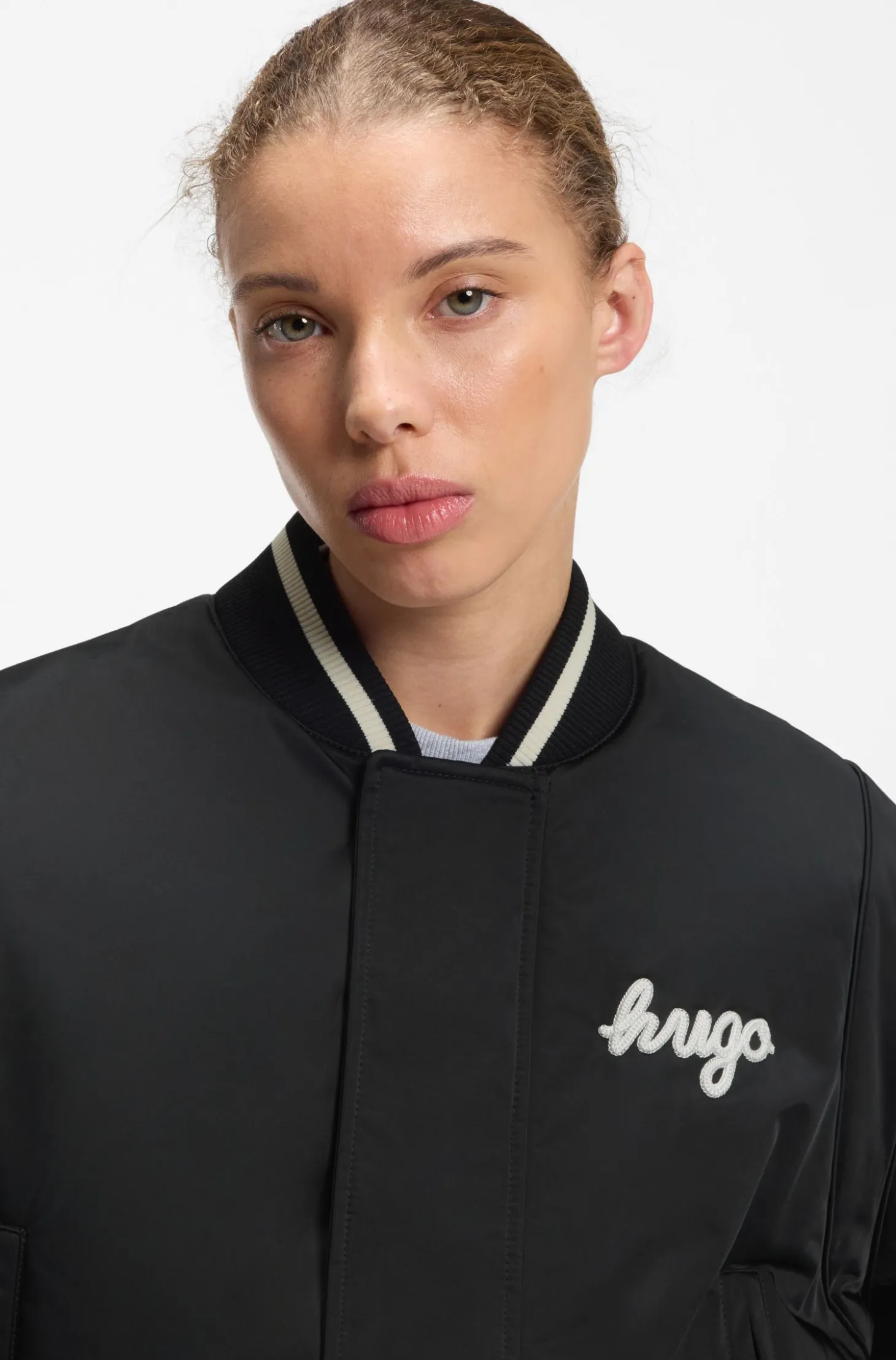 Satin varsity bomber jacket with padded comfort