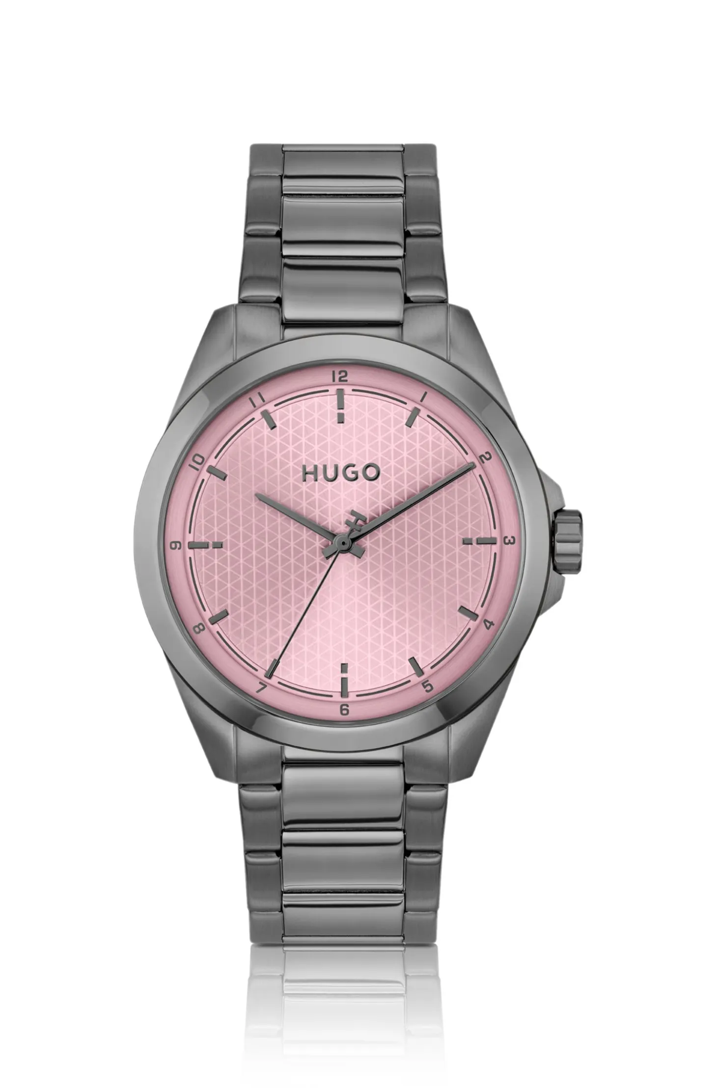 Seam grey-plated watch with pink textured dial
