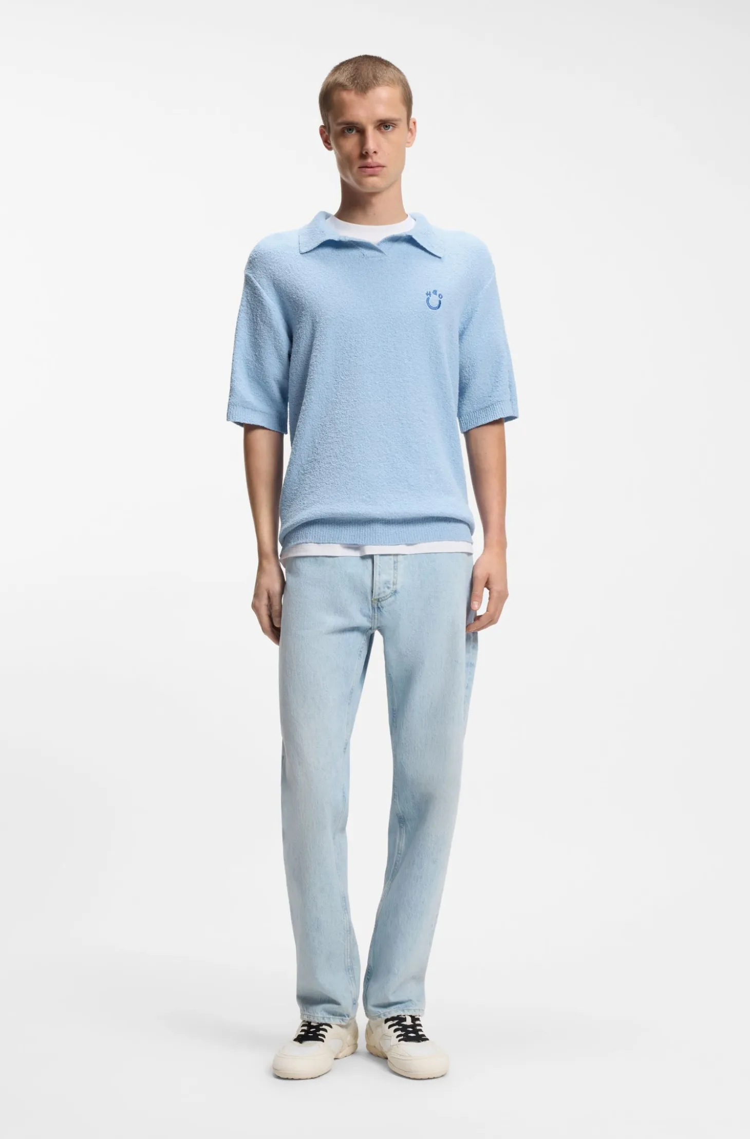 Short-sleeved oversized-fit sweater in cotton-blend towelling