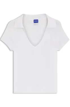 Short-sleeved sweater in stretch fabric with polo collar
