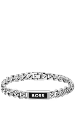 Silver-tone chain cuff with logo plate