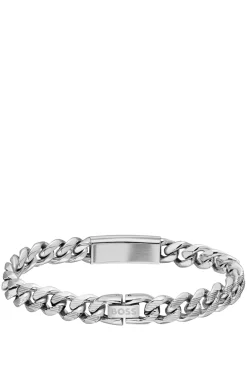Silver-tone chain cuff with logo plate