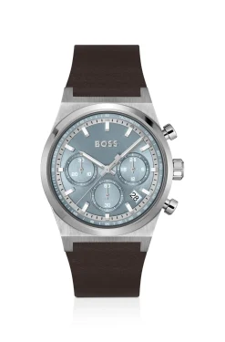 Silver-tone chronograph watch with brown leather strap