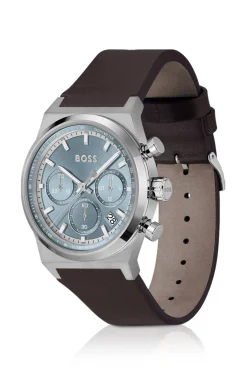 Silver-tone chronograph watch with brown leather strap