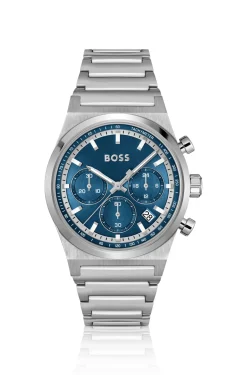 Silver-tone chronograph watch with blue dial