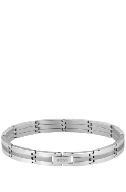 Silver-tone striped cuff with logo clasp