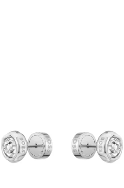 Silver-tone stud earrings with crystal core