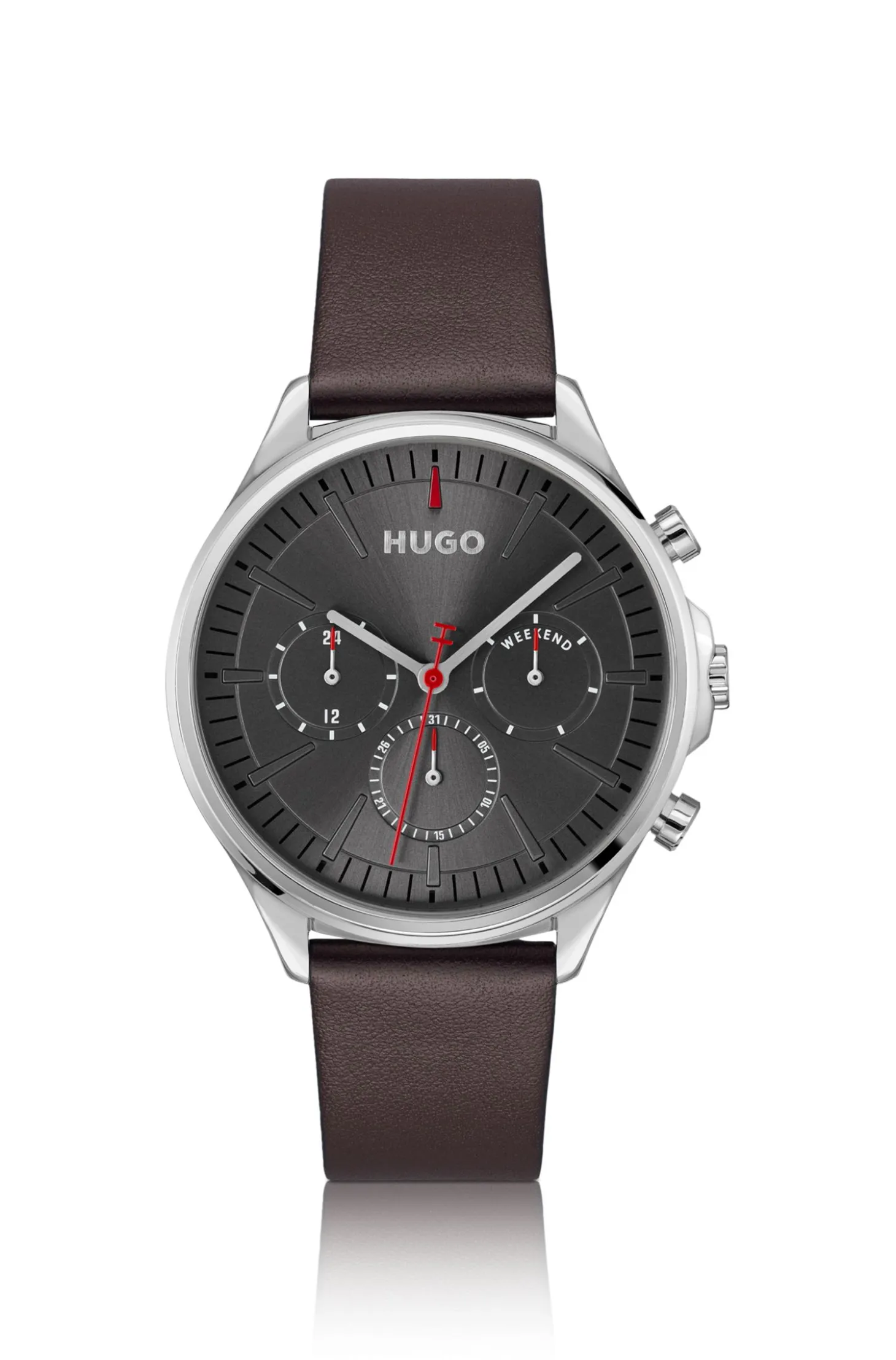 Silver-tone watch with brown leather strap