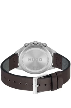 Silver-tone watch with brown leather strap